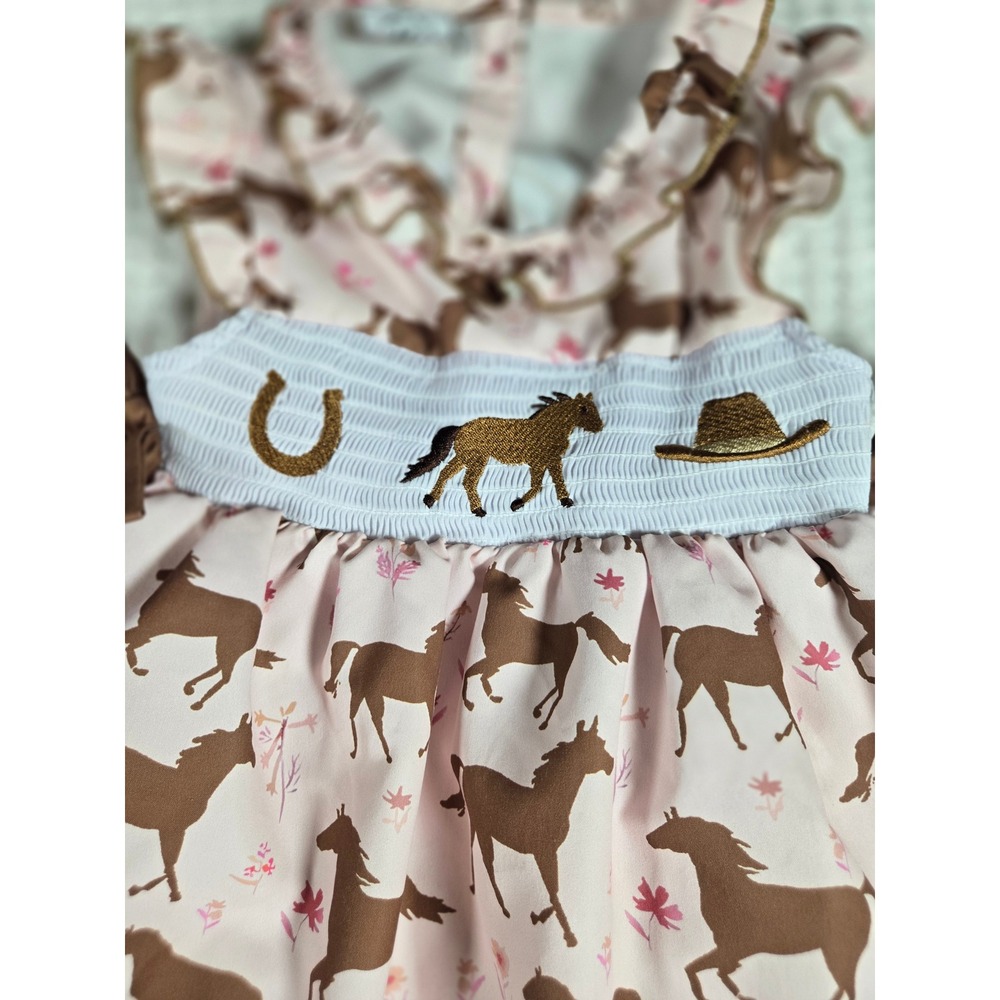 Pink Horse Girls Smocked Western Cowgirl Dress Size L Marie Nicole - Picture 4 of 8